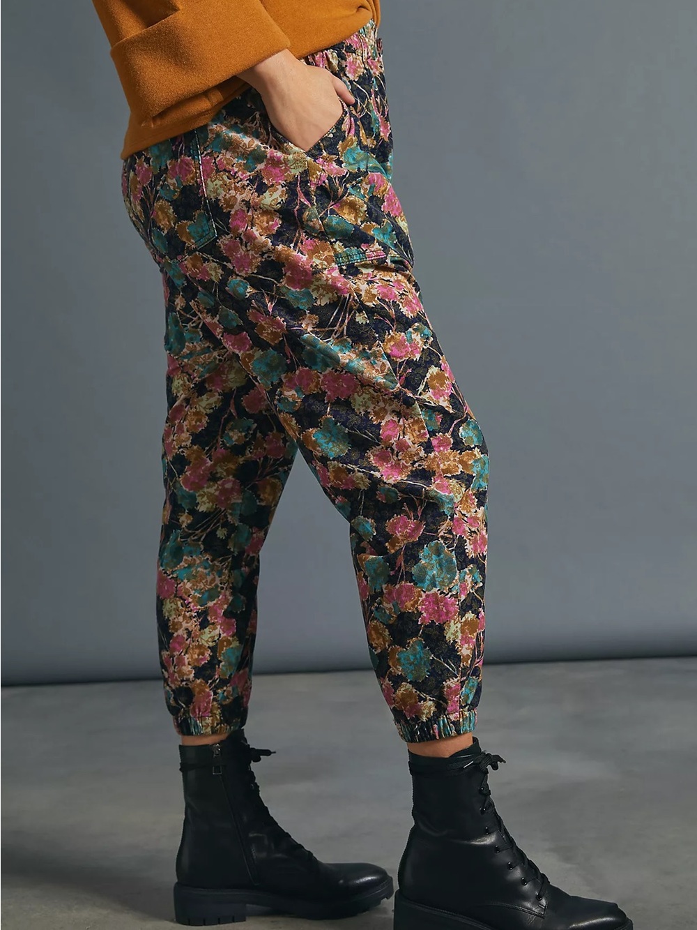 Anthropologie Floral Velvet Joggers - Teal, Pink, Gold on Black - Picture 5 of 9